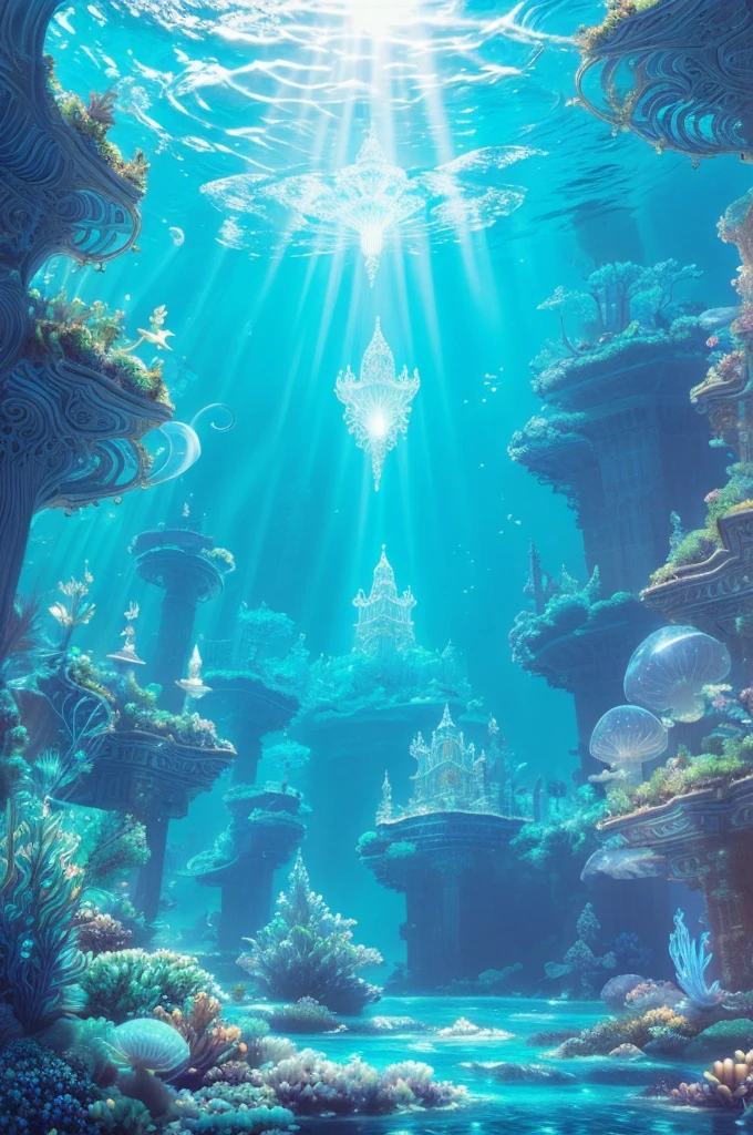 An ancient underwater city bathed in a soft, ethereal glow, surrounded by mythical sea creatures like luminous jellyfish and graceful merfolk. The city’s architecture features towering, coral-covered spires and bioluminescent flora. In the foreground, a group of deep-sea explorers in futuristic suits is amazed as they discover this hidden realm, their faces illuminated by the city’s gentle light. The scene is set in a deep, mysterious ocean with rays of sunlight piercing through the water, creating a magical, otherworldly atmosphere , (Best Quality, A high resolution, photorealistic), cinematic lighting, masterpiece, raw photo, intricate details, HdR

