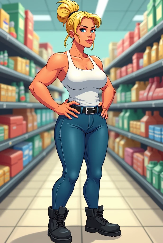 Masterpiece, best quality, Masterpiece, best quality, 1 woman, long straight brown hair , sly face , tank top , underwear , big breasts , abdomen , Long legs , hands on hips , Barefoot , convenience store