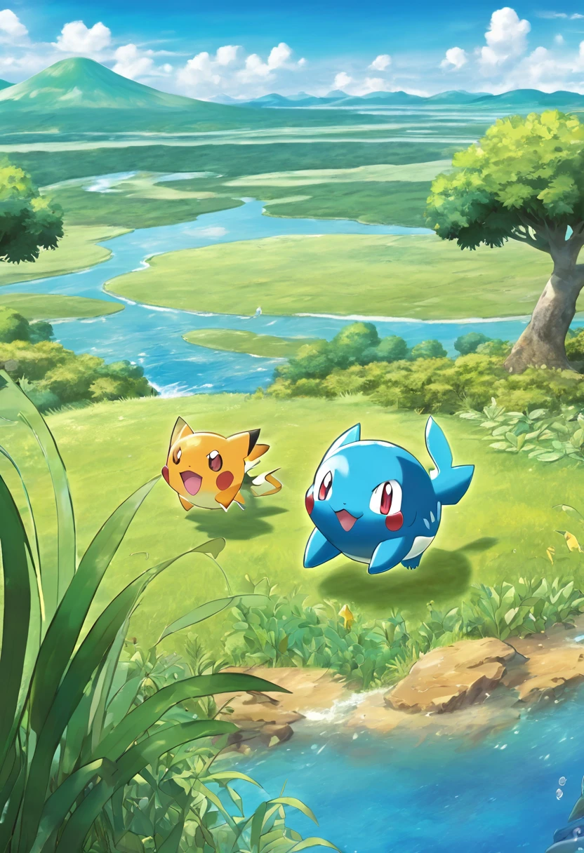 **Description:** A lush, vibrant safari zone teeming with various Pokémon in their natural habitats. In the foreground, a curious Bulbasaur peeks out from behind tall grass. A herd of Tauros gallops across a distant plain, while a flock of Pidgey soars overhead. Near a crystal-clear lake, a group of water-type Pokémon like Magikarp and Poliwag splash playfully. A lone trainer, backpack on, stands on a hill observing the scene with wonder.

**Lighting:** Bright, warm sunlight creating a golden glow across the landscape, with soft shadows adding depth to the scene.

**Shot Type:** Wide panoramic shot to capture the diversity of environments and Pokémon within the safari zone.

**Photographic Reference:** Combine elements from nature documentaries and the Pokémon anime's depictions of wild Pokémon habitats.