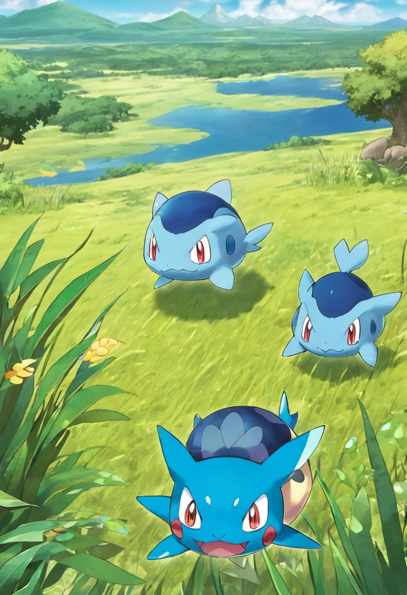 **Description:** A lush, vibrant safari zone teeming with various Pokémon in their natural habitats. In the foreground, a curious Bulbasaur peeks out from behind tall grass. A herd of Tauros gallops across a distant plain, while a flock of Pidgey soars overhead. Near a crystal-clear lake, a group of water-type Pokémon like Magikarp and Poliwag splash playfully. A lone trainer, backpack on, stands on a hill observing the scene with wonder.

**Lighting:** Bright, warm sunlight creating a golden glow across the landscape, with soft shadows adding depth to the scene.

**Shot Type:** Wide panoramic shot to capture the diversity of environments and Pokémon within the safari zone.

**Photographic Reference:** Combine elements from nature documentaries and the Pokémon anime's depictions of wild Pokémon habitats.