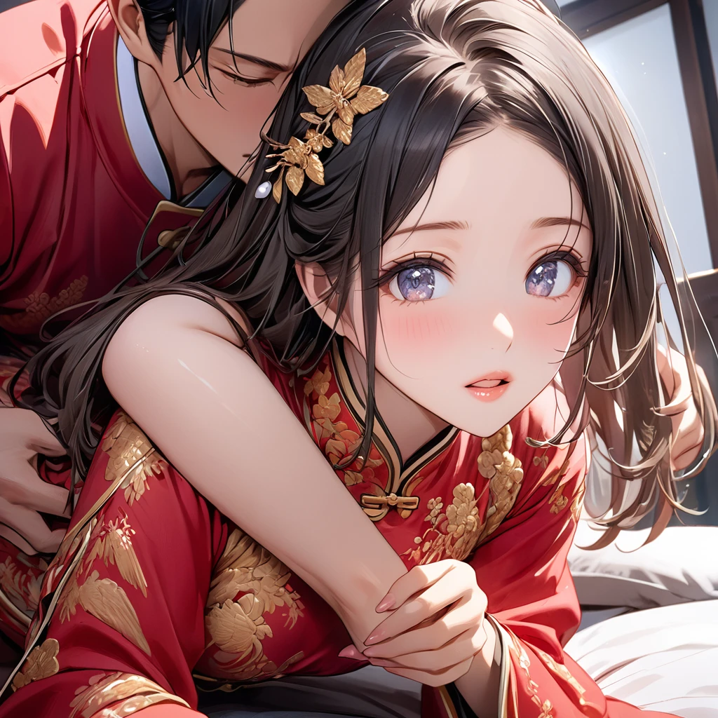 A tragic historical drama in 8k live-action style: Beautiful palace secrets　Beautiful  Chinese Kung Fu girl princess with short black hair dressed in gorgeous embroidery, Ultra glossy, She is wearing a shiny red top and bottom long sleeve floral pajama kung fu suit....　　Her clothes are licked by the old man&#39;s tongue　