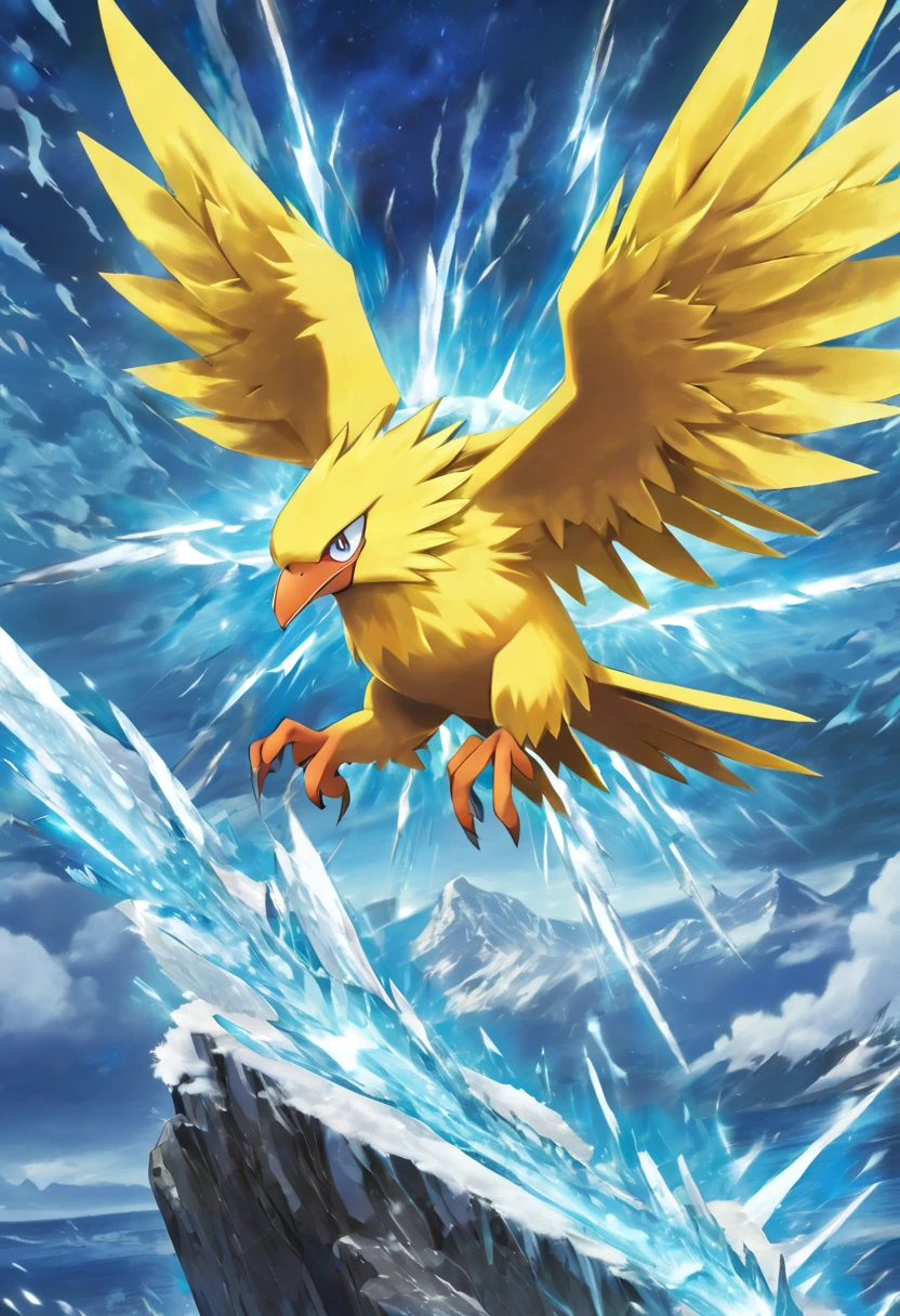 **Description:** A breathtaking mountain peak shrouded in swirling clouds. Atop the summit, the legendary bird Pokémon Articuno, Zapdos, and Moltres are engaged in a spectacular display of their elemental powers. Articuno's icy winds clash with Moltres's flames, while Zapdos's lightning illuminates the sky. The mountain's rocky surface is partially covered in snow and ice, with some areas scorched or electrified from the Pokémon's presence.

**Lighting:** Dramatic, with Zapdos's lightning providing bright flashes, Moltres's flames casting a warm glow, and Articuno's ice reflecting cool blue light. The overall scene should have a mystical, otherworldly quality.

**Shot Type:** Low angle shot looking up at the legendary Pokémon, emphasizing their power and majesty against the turbulent sky.

**Photographic Reference:** Look at fantasy art featuring mythical creatures and extreme weather phenomena for inspiration.