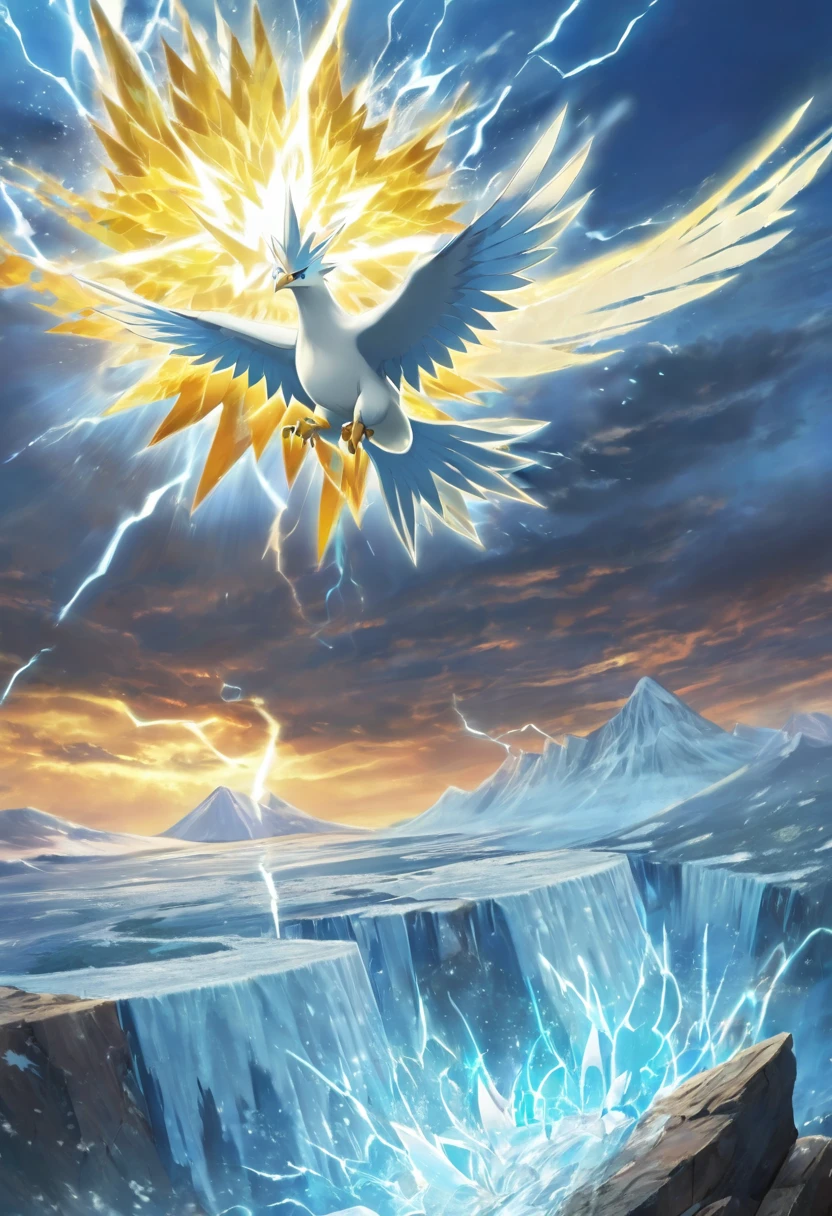 **Description:** A breathtaking mountain peak shrouded in swirling clouds. Atop the summit, the legendary bird Pokémon Articuno, Zapdos, and Moltres are engaged in a spectacular display of their elemental powers. Articuno's icy winds clash with Moltres's flames, while Zapdos's lightning illuminates the sky. The mountain's rocky surface is partially covered in snow and ice, with some areas scorched or electrified from the Pokémon's presence.

**Lighting:** Dramatic, with Zapdos's lightning providing bright flashes, Moltres's flames casting a warm glow, and Articuno's ice reflecting cool blue light. The overall scene should have a mystical, otherworldly quality.

**Shot Type:** Low angle shot looking up at the legendary Pokémon, emphasizing their power and majesty against the turbulent sky.

**Photographic Reference:** Look at fantasy art featuring mythical creatures and extreme weather phenomena for inspiration.