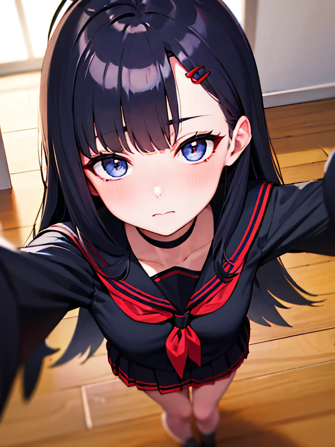 ichika nakamasa, ahoge, black hair, black wings, feathered wings, hair ornament, hairclip, Halation, long hair, low wings, red Halation, wings,Bracelet, black choker, black gloves, black sailor collar, black seraph, black skirt, choker, gloves, long sleeves, neckerchief, pleated skirt, Red neckerchief, safety pin, sailor collar, school uniform, serafuku, skirt,masterpiece、Highest quality、Super detailed、4K、Ultra-fine illustration、Highly detailed beautiful face and eyes、Professional Lighting、Close-up、One girl、(Upward-facing eyes:1.2)、Water Eye、fidgety、blush、Shy、Put your index fingers together、Wooden floor、From above