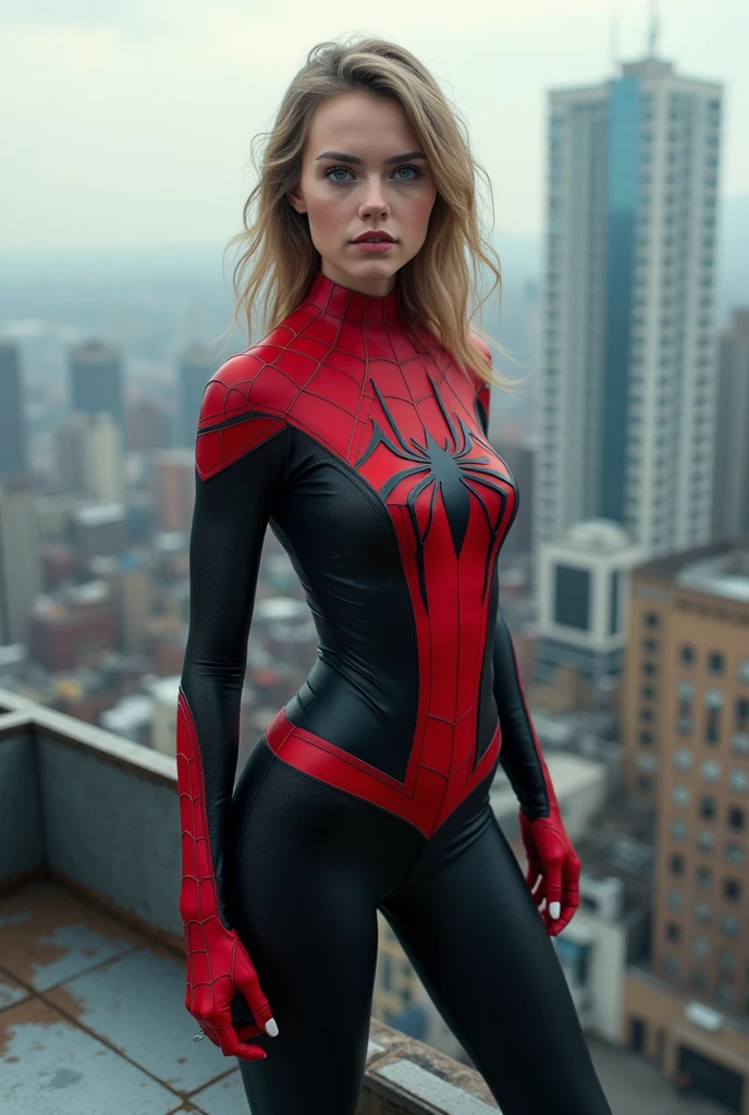 Photo ultra réaliste, d'une magnifique jeune femme blonde, déguisé en spider-man noire, dans une pièce éclairer