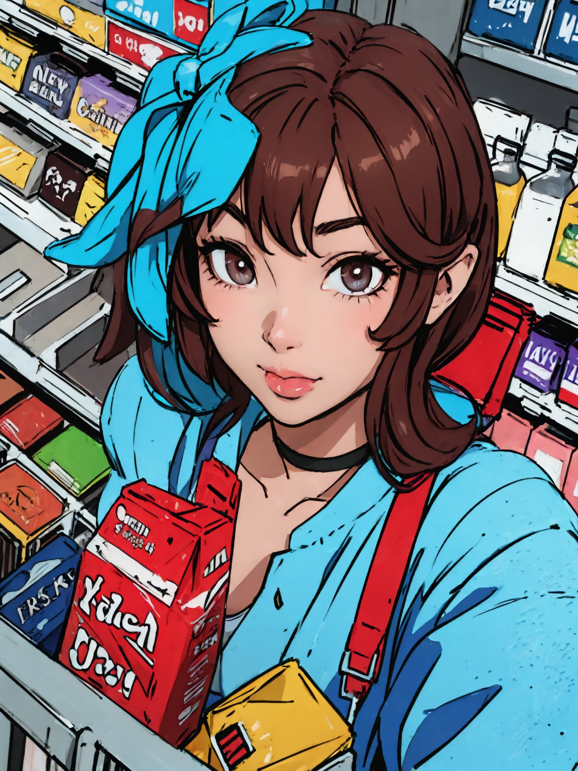  of Hucow holding a large milk carton, work of art, candid photo, shy, short brown hair, eyes large, (face detailed), curved, , Two symmetrical horns, offwhite (tight shirt), top cut, beautiful open (cow pattern) jaket, choker with bell, (in a colorful supermarket), mature woman, thick-thighs, aretes, high détail, ultra detali, retro, [large piece of lipaster, best qualityer, face portrait