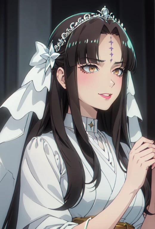 (safe:1.10), best quality, masterpiece, highres, solo, (michiko_tanaka_mahoushoujoniakogarete:1.10), anime_style, 11,  adorned in a shimmering white satin bridal gown boasting a voluminous princess skirt, an elongated trail, a harmoniously fascinating veil, and an intricately laced and diamond-encrusted bodice with a bow. Victorian style wedding gown with lace, frills and ribbons. Elaborate victorian updo hairstyle. ribbon belt on waist, Crowning her head is a princess's tiara, (masterpiece), best quality, expressive eyes, perfect face, perfect anatomy, perfect hands, cute smile, bridal makeup, blushing, realistic, (masterpiece), best quality, expressive eyes, perfect face, good hands, best hands, detailed, high quality, high resolution. 8k