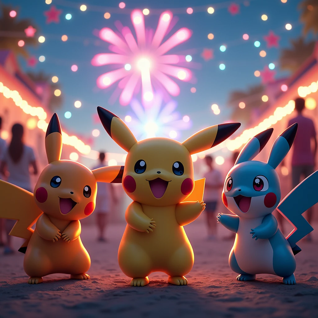 (Pokémon), game poster, At the festival celebration of Pokémon World, trainers and Pokémon celebrate together, enjoying food, games, and performances. The color scheme is mainly based on the festive tone of the celebration and the happy expression of Pokémon. The light and shadow are mainly decorated with lights and fireworks for the celebration, the details are reflected in the interaction of Pokémon and the joyful atmosphere of the celebration.
﻿
Beautiful cinematic lighting, surreal, color graded, dynamic movement, captivating chiaroscuro, full body, award-winning, cinematic still, emotional, vignette, dynamic, vivid, (masterpiece, best quality, photorealistic, Professional, perfect composition, very aesthetic, absurdres, ultra-detailed, intricate details:1.3)