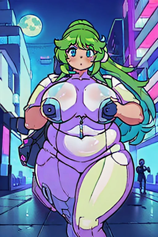 ((best quality, 4k, 8k, anime girl)), (((ssbbw))), (((ussbbw))), (((bodysuit zipper))), ((chubby)), (((immobile fat))), (((extremely tight blue and white suit))), (((extremely detailed face))), (beautiful eyes), (tanned skin), (light green hair, very long ponytail,), cinematic lighting, (hyper breasts), (gigantic breasts), (extremely thick thighs), detailed background, ((cyberpunk)), city with many neon lights, ((running down the street)), kawaii, wearing bikini over her suit, (glowing hair, glowing bikini), full moon,