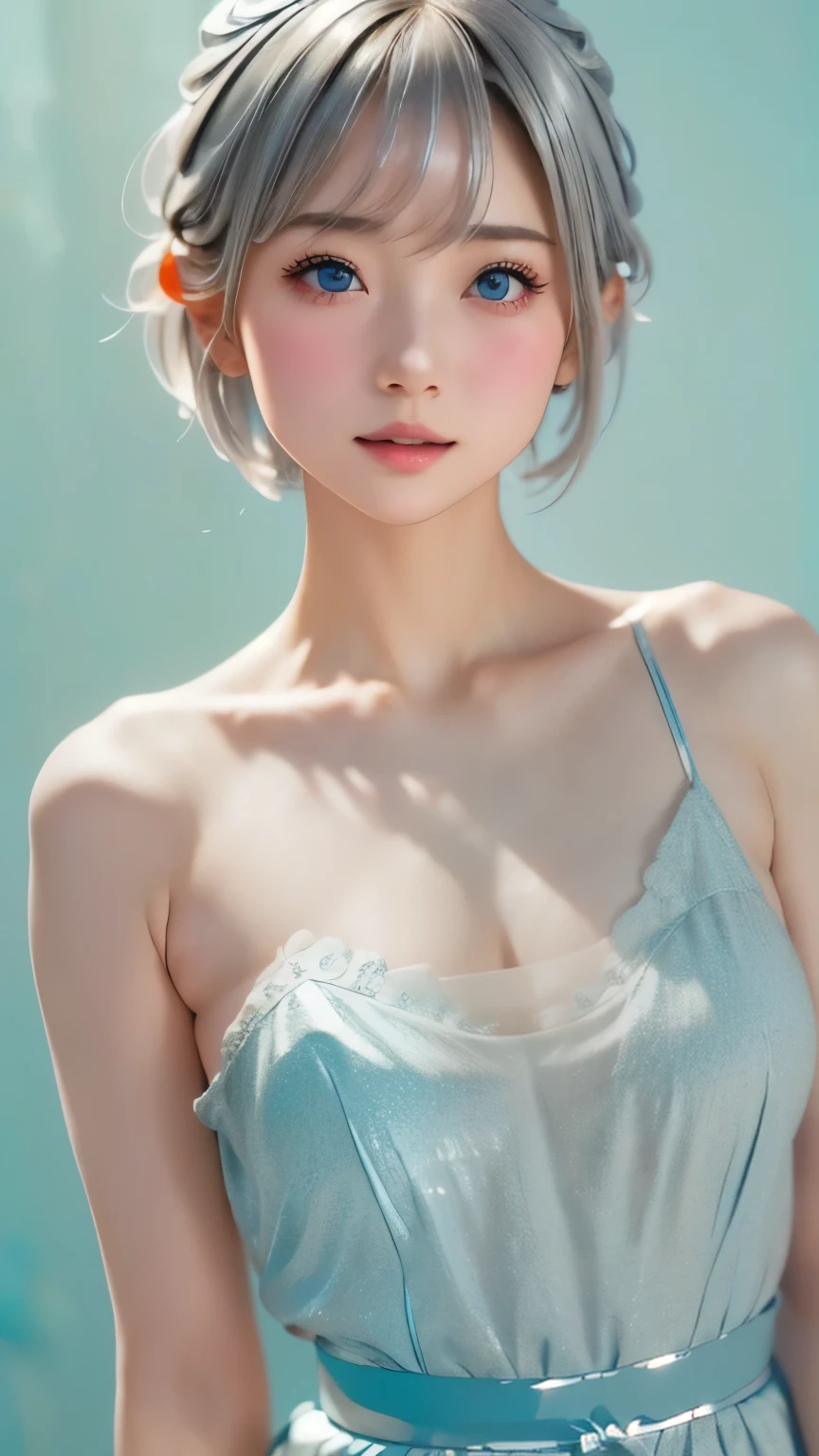 1 very cute girl、、short hair、Gray Hair、Blue background、Upper Body、(head shot:1.5)、Eyes focus、Laughter、、(8k、RAW Photos、Highest quality、masterpiece:1.2)、(Realistic、Realistic:1.3)、Hmph、The depth of deep writing、Wide Light、High Contrast、(Shine:1.4)、chromatic aberration、Sharp focus、RAW color photos、Cinema Lighting、8k resolution、Browsing Caution、(Upper Bodyは裸:1.5)、