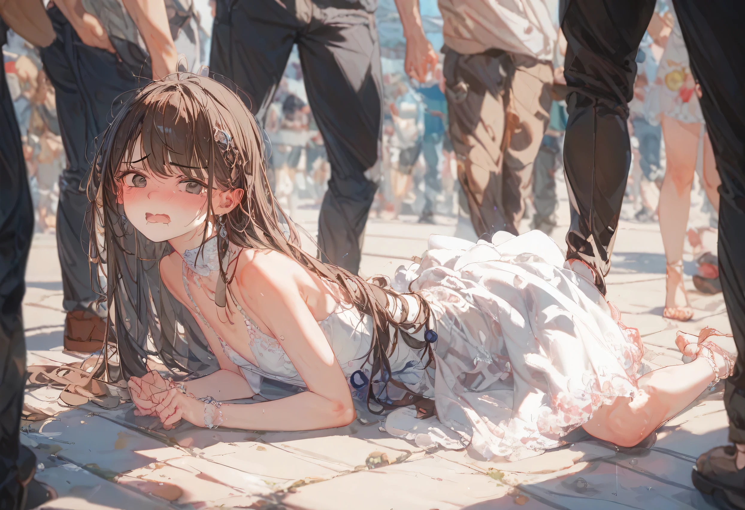 Ultra high definition、Anatomically correct、One Girl、Full body image、Cute sister、long hair、Dark brown hair、bangs、 Dark Eyes、Small breasts、White skin、Embarrassed expression、tears、White dress、crowd、rape、rape