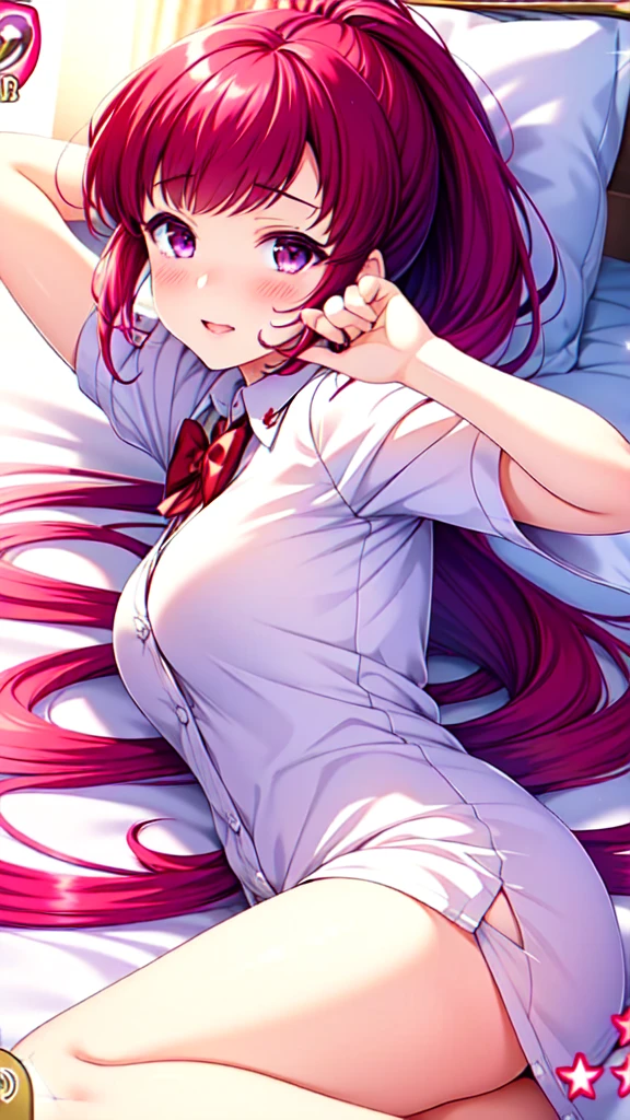 asamikei, (masterpiece, Highest quality, beautifully、aesthetic:1.3), (teenager), ((1girl), (alone)), cute smile, open mouth, blush, lively look, (Silvery medium-violet-red hair with reddish magenta streaks:1.4), (Gradient medium-violet-red hair tip:1.6), hair, Ridiculously long hair, Single Side Lock, ((high ponytail:1.3)), Wavy Hair, Shiny Hair, Floating Hair, (Deep red eyes), Delicate eyes, red eyes, Very fine eye, lively eyes, Long upper eyelashes, compensate, Focus on the face, Very detailed facial, Pretty face, Perfect breasts, Hot body, (Delicate skin texture:1.2), BREAK, (nude, ((collared shirt,:1.3))), (cute smile:1.1), ((wearing a collared shirt:1.2, looking at viewer:1.1)), (((Lie on your back in bed and raise your arms toward the viewer:1.7), expecting a kiss:1.1, face waiting for kiss:1.2, pov:1.1, wink:1.1, open your mouth slightly, focus on the face)), bed room, gravure, (embarrassed,blush:1.3), (Accurate fingertips:1.3, Browse 4, Thumb 1), (from behind:1.5, cinematic angle:1.1), Very detailed,