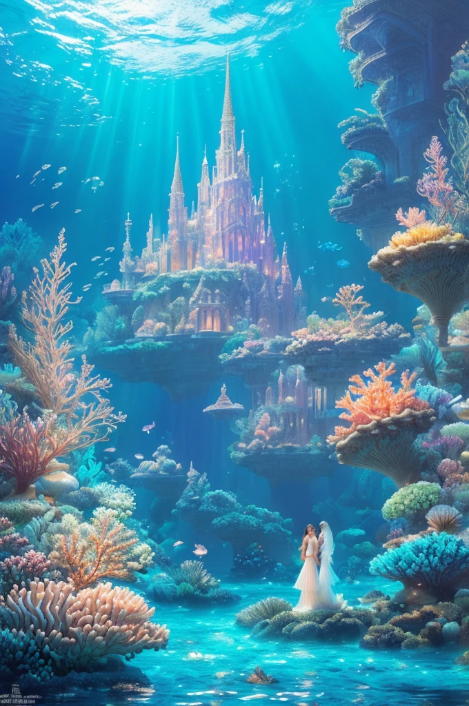 An ancient underwater city bathed in a soft, ethereal glow, surrounded by mythical sea creatures like luminous jellyfish and graceful merfolk. The city’s architecture features towering, coral-covered spires and bioluminescent flora. In the foreground, a group of deep-sea explorers in futuristic suits is amazed as they discover this hidden realm, their faces illuminated by the city’s gentle light. The scene is set in a deep, mysterious ocean with rays of sunlight piercing through the water, creating a magical, otherworldly atmosphere , (Best Quality, A high resolution, photorealistic), cinematic lighting, masterpiece, raw photo, intricate details, HdR ,  (Beautiful shell and coral decoration, Surrounded by lots of colorful fish, Rich underwater vegetation),

