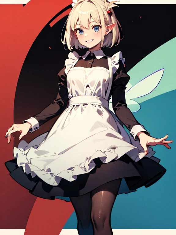 Ryu Lion、blonde、blue eyes、Fairy、eyes hair、Pointed Ears、short hair、(Small breasts:1.2),apron、黒pantyhose、dress、緑のdress、Long sleeve、maid、maidapron、maid頭飾り、pantyhose、白apron,(Perfect hands),(Perfect Anatomy),(masterpiece),(Highest quality),smile