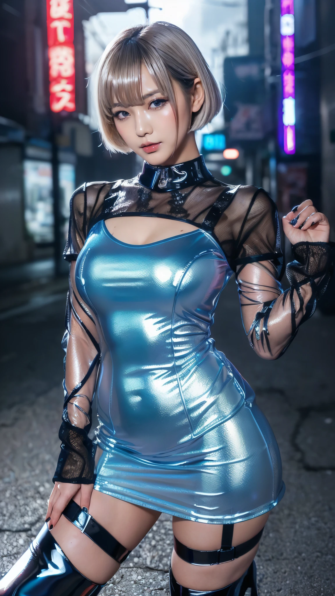 korean idol Blonde shorthair with bangs ((smoky makeup black eyeshadow)) ((big breasts)) Plump Strong mature woman (white face mask) ((Cyberpunk Secret Base)) ((She is wearing a mesh bodycon dress under a transparent red lace long sleeve shirt)) ((Super shiny blue metallic enamel knee high boots)) Tight miniskirt and garter belt purple fishnet stockings sit cross-legged masterpiece 8K Bewitching ((真っ赤なルージュのPlump唇)) cheeky look ecstasy skin shining with sweat