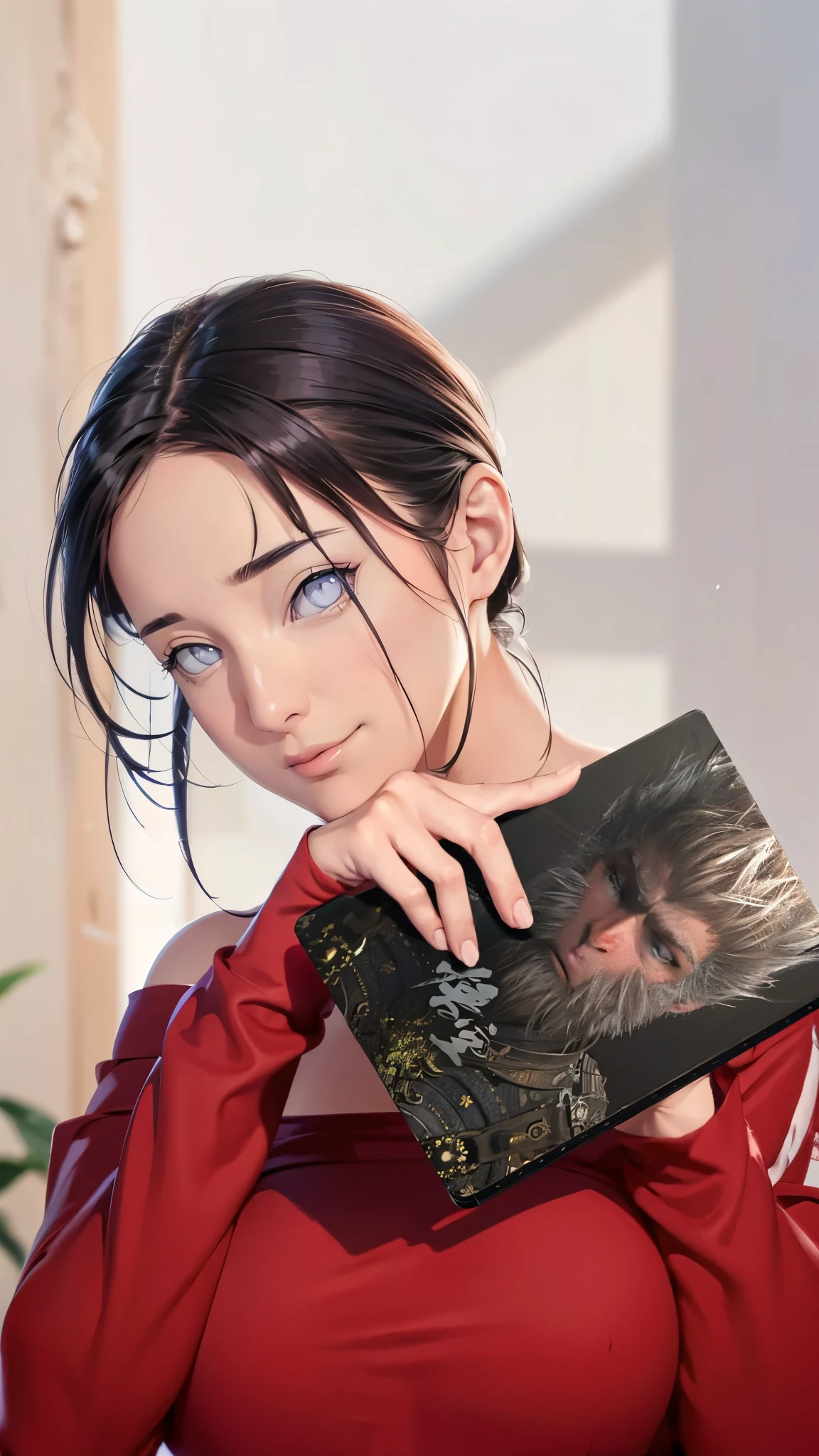 (（（Perfect body,White and tender skin,,(（（hyuugahin,hyuugahin,hinata\(boruto\),hyuugahin,"black long hair",Blue eyes,blunt bangs））)，((masterpiece)),highres,((Best quality at best)),masterpiece,quality,Best quality,(（（ Exquisite facial features,Looking at the audience,There is light in the eyes,Smile ）））,A girl，Big ，Wearing a red dress，Holding a book in hand，）））