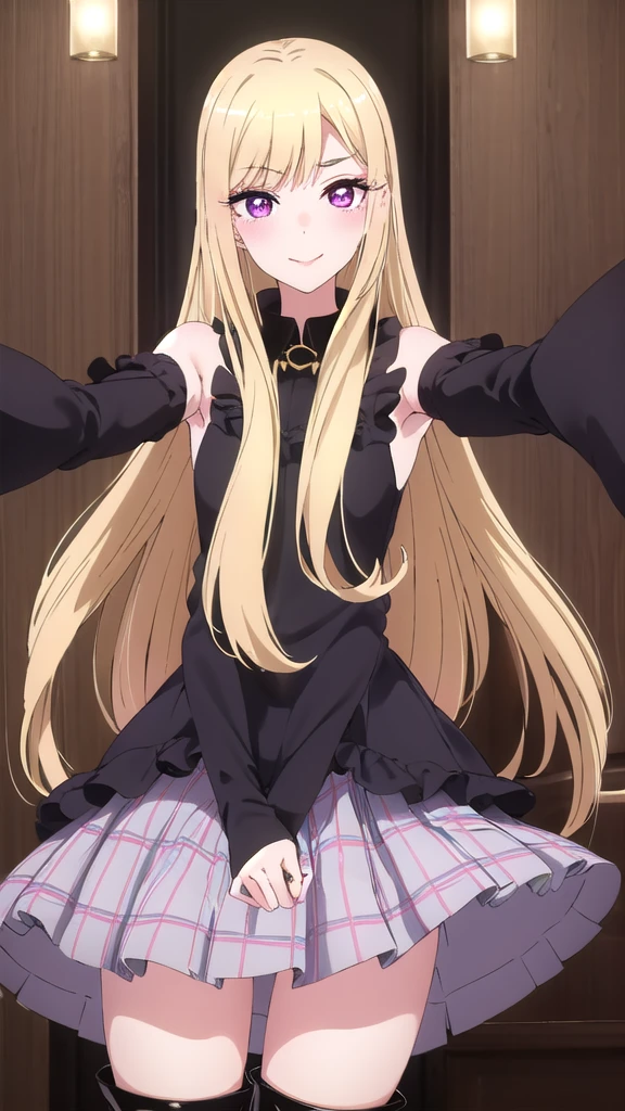 NSFW,masterpiece,Highest quality,High resolution,Very detailed,Golden Darkness\(To Love-Ru\),Blonde,Red eyes,long hair,Two Side Up,Small breasts,Black Dress,Sleeveless,Removable sleeves,hair ornaments,Knee socks,Lustful face,Embarrassed,blush,Are standing,(Molester)