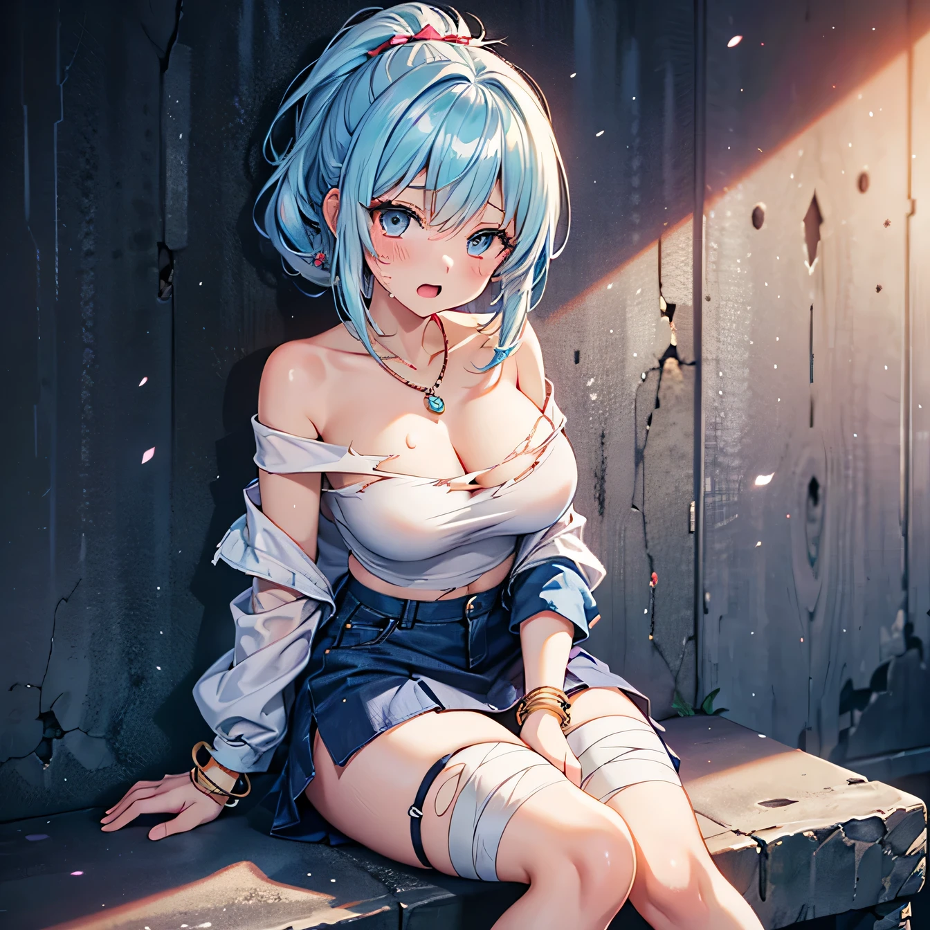 woman(solo), witch, pale skin, smooth skin, (((tatooed legs))), (((tatooed arms))), (((tatooed chest))), average height, average build, ((big tits(round, natural))), full thighs, (((short hair(white, pixie cut)))), hazel eyes, (((long skirt(light blue, revealing, torn)))), (((sleeveles top(light white, revealing, torn)))), (((prisoner(iron collar around neck, chained arms, chained legs)))), background(dimly lit prison cell), angry, narcissistic, sexy, ((slutty)), (slutty smirk) hentai game, anime, best quality, masterpiece, maximum detail, high resolution, correct anatomy
