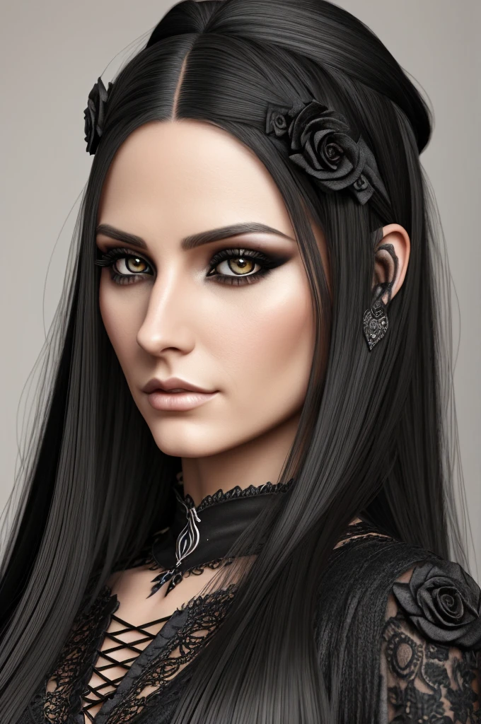 1 European gothic woman, pretty face, long straight hair, ultra detailed face and eyes, hyperrealistic, realistic representation, 30 years old, she is wearing black gothic clothing