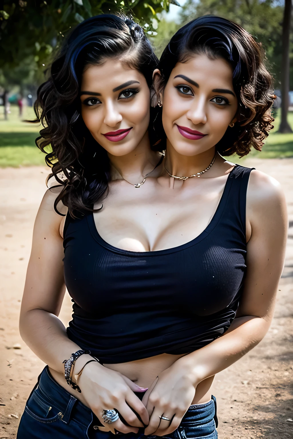 2heads, female couple, age 28, two heads on one body, one torso, hipsters, middle eastern, curly hair, casual clothes, in the park