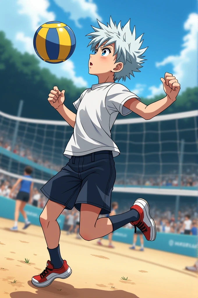 score_9, score_8_up, score_7_up, BREAK 1boy, male focus, toushirou_hitsugaya, white hair, green eyes, spiked hair, 19 years old, from front, speedo, male swimwear, swim briefs, at the beach playing beach volleyball, sfw, 8k, hdr, ultra resolution <lora:speedo:0.6> <lora:toushirou_hitsugaya_pony:0.7>