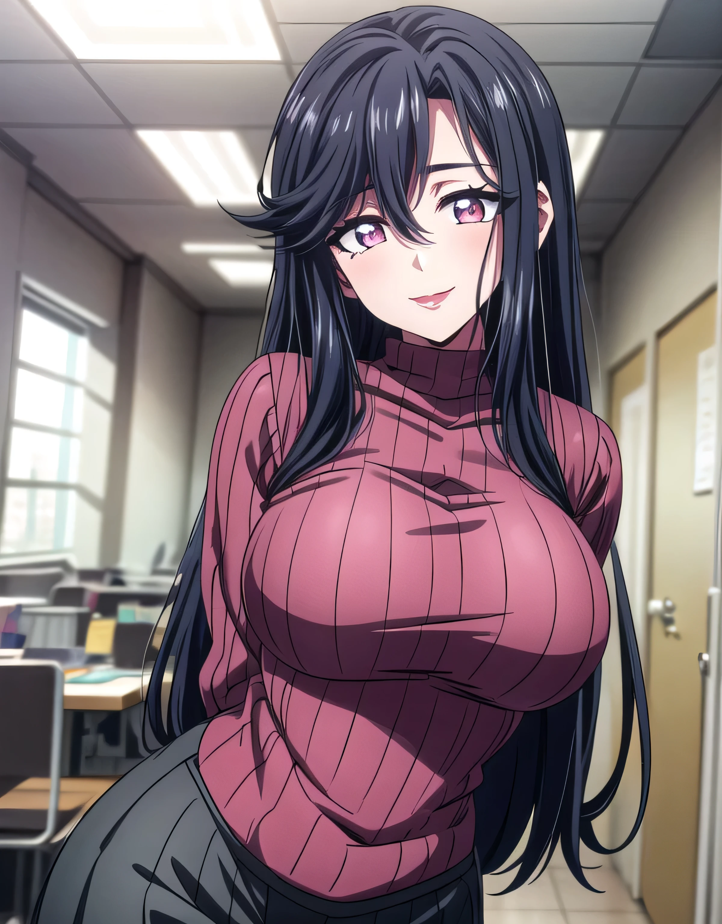 saori_ohtori,long hair,saori_ohtori,black hair,(pink eyes),sensitive smile,hair between eyes,lipstick,lips,(shiny ribbed sweater:1.1),shiny black skirt,(large breasts:1.55),(shiny,hair),((solo)),((masterpiece)),((best quality)),perfect anatomy,slim waist,perfect image,8k UHD,(beautiful detailed eyes:1.5),extremely detailed face,standing,(upper body:1.25),(look at the front:1.5),arms behindback,ultra-detailed,absurdres,ultra-highres,officeroom,indoor,