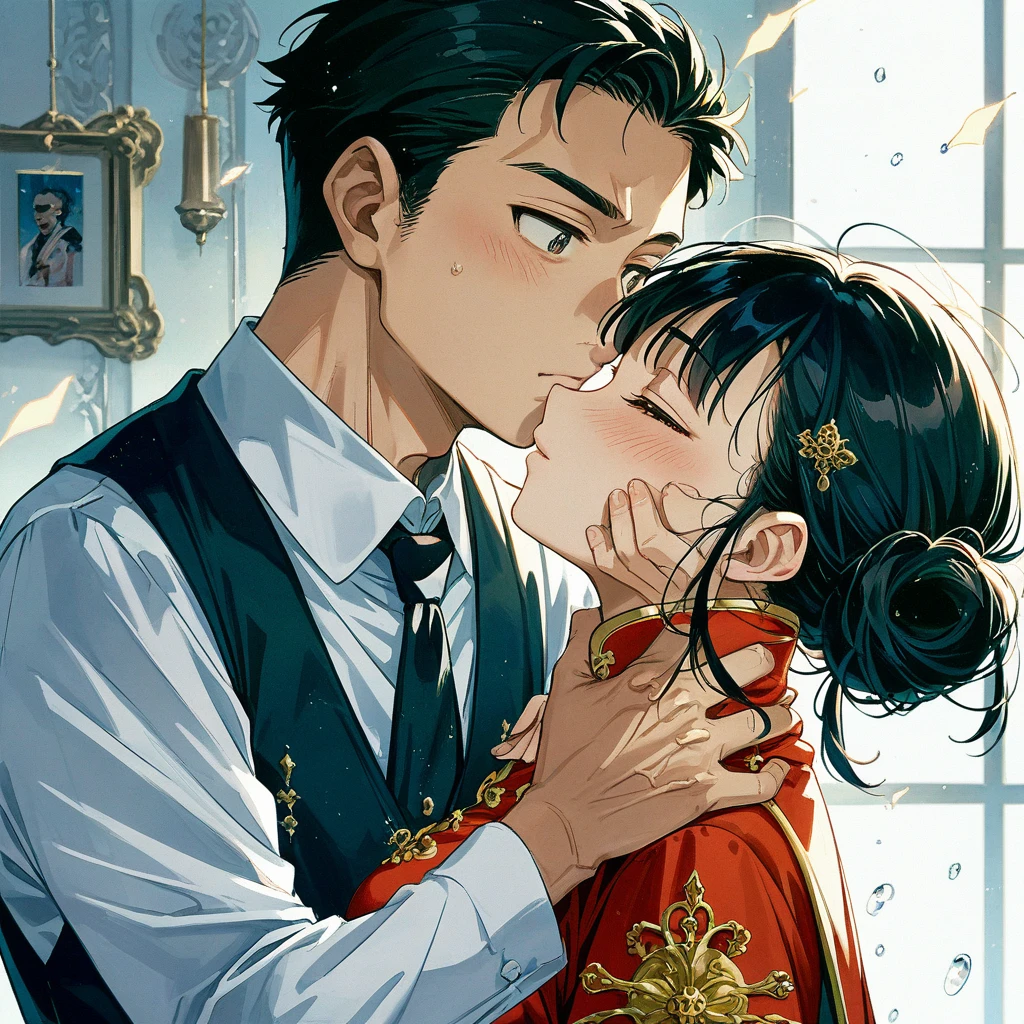 ((Highest quality)), ((masterpiece)), (detailed), （Perfect Face）、The woman is Satomi Ishihara, with black hair and wearing a gorgeous red Chinese dress with gold embroidery and trim.、The woman is pushed down, hugged, kissed, groped, raped, and impregnated by a middle-aged Chinese man.