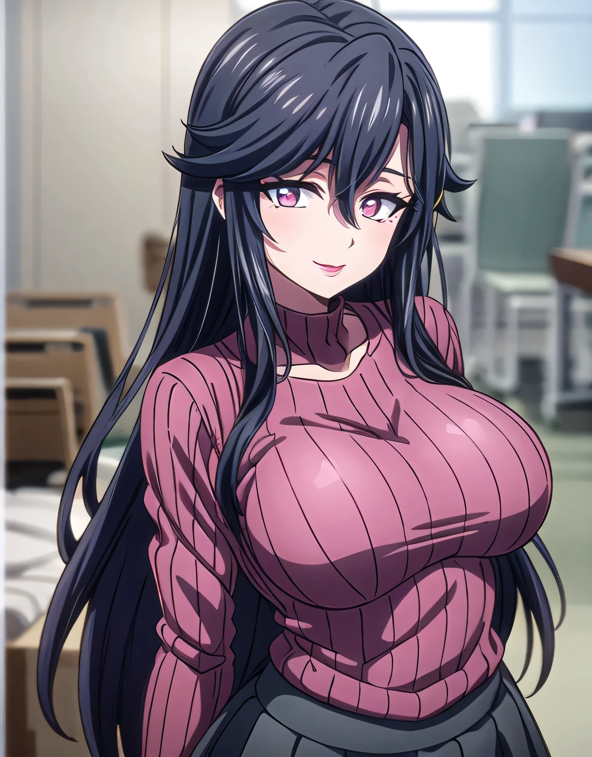 saori_ohtori,long hair,saori_ohtori,black hair,(pink eyes),sensitive smile,hair between eyes,lipstick,lips,(shiny ribbed sweater:1.1),shiny black skirt,(large breasts:1.55),(shiny,hair),((solo)),((masterpiece)),((best quality)),perfect anatomy,slim waist,perfect image,8k UHD,(beautiful detailed eyes:1.5),extremely detailed face,standing,(upper body:1.25),(look at the front:1.5),arms behindback,ultra-detailed,absurdres,ultra-highres,officeroom,indoor,