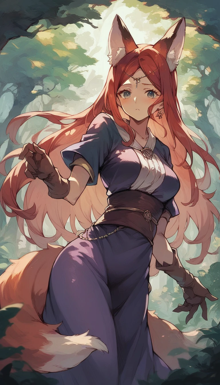 score_9, score_8_up, score_7_up, score_6_up, 1woman, long hair, red hair, fox ears, kemono, purple dress, sorceress, forest