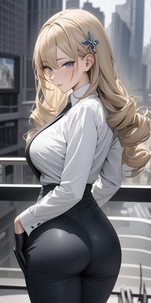 ((masterpiece)), ((high quality)),((ultra-detailed)), ((extremely detailed)),4K,8K, (character portrait), wearing blue pants suit, in business suits, navy collared shirt, a beautiful woman, very tall woman with great style, tight suit, big breasts, slender body, 1girl, solo, purple pupils, perfect hands, perfect face, perfect eyes, perfect body, perfect legs, laugh, front view,hands on legs, bend down, city background, ,Masterpiece, best quality, ,suit, pants, pencil drawning, color accents, color highlights, (grayscale:1.3),blonde hair, long hair, drill hair, hair ornament, headgear, blue eyes, white shirt, gloves, armored boots, back view, full body