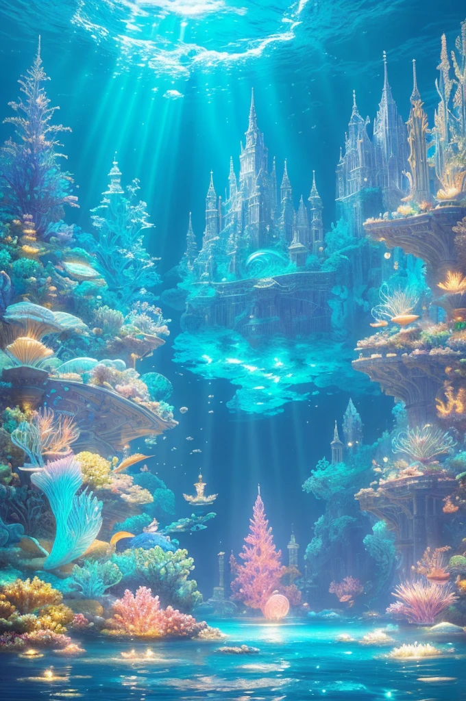 An ancient underwater city bathed in a soft, ethereal glow, surrounded by mythical sea creatures like luminous jellyfish and graceful merfolk. The city’s architecture features towering, coral-covered spires and bioluminescent flora. In the foreground, a group of deep-sea explorers in futuristic suits is amazed as they discover this hidden realm, their faces illuminated by the city’s gentle light. The scene is set in a deep, mysterious ocean with rays of sunlight piercing through the water, creating a magical, otherworldly atmosphere , (Best Quality, A high resolution, photorealistic), cinematic lighting, masterpiece, raw photo, intricate details, HdR ,  ( Surrounded by lots of colorful fish, Rich underwater vegetation),

