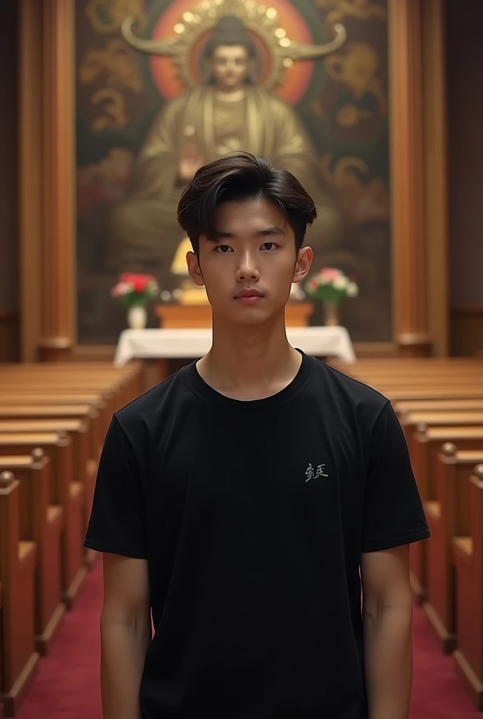 A boy in pants and shirt kneeling in front of the blessed sacrament in monstrance on the holy altar