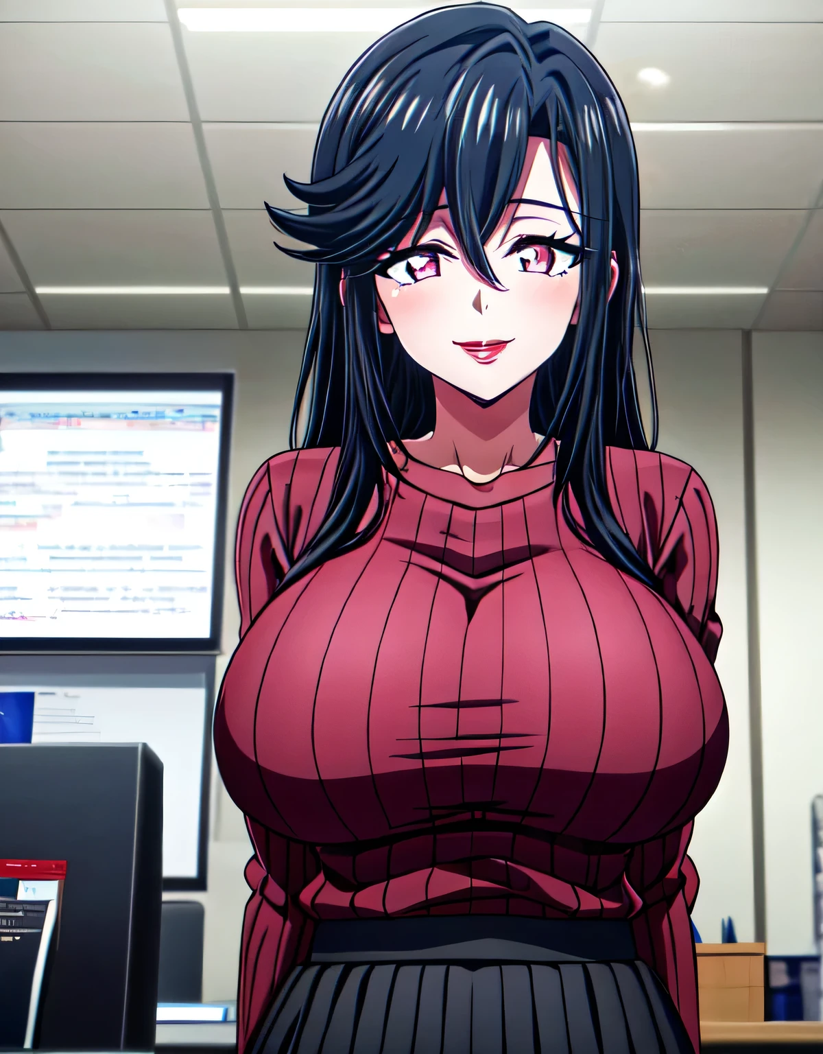 saori_ohtori,long hair,saori_ohtori,black hair,(pink eyes),sensitive smile,hair between eyes,lipstick,lips,(shiny red ribbed sweater:1.1),shiny black skirt,(large breasts:1.55),(shiny,hair),((solo)),((masterpiece)),((best quality)),perfect anatomy,slim waist,perfect image,8k UHD,(beautiful detailed eyes:1.5),extremely detailed face,standing,(upper body:1.25),(look at the front:1.5),arms behindback,ultra-detailed,absurdres,ultra-highres,officeroom,indoor,