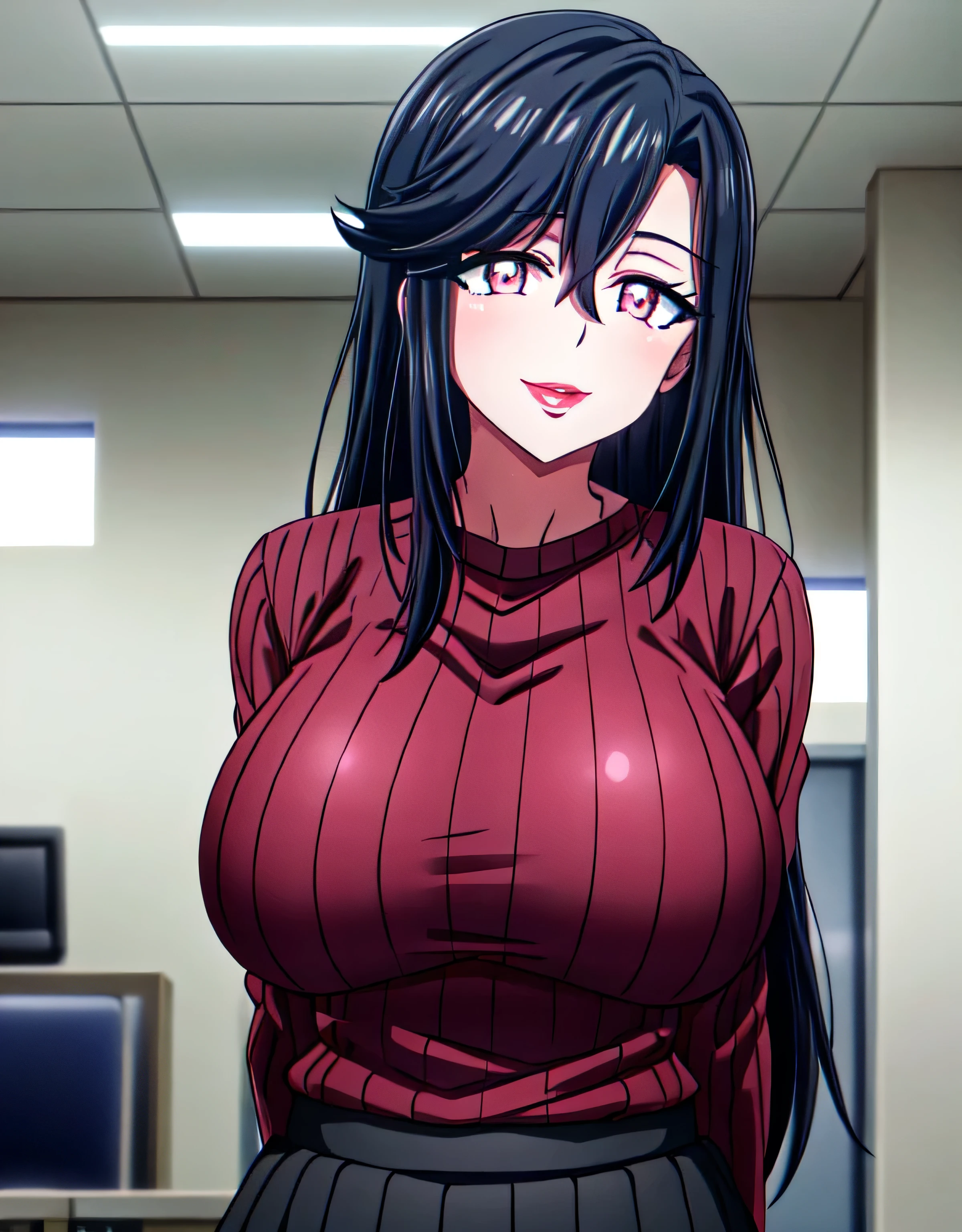 saori_ohtori,long hair,saori_ohtori,black hair,(pink eyes),sensitive smile,hair between eyes,lipstick,lips,(shiny red ribbed sweater:1.1),shiny black skirt,(large breasts:1.55),(shiny,hair),((solo)),((masterpiece)),((best quality)),perfect anatomy,slim waist,perfect image,8k UHD,(beautiful detailed eyes:1.5),extremely detailed face,standing,(upper body:1.25),(look at the front:1.5),arms behindback,ultra-detailed,absurdres,ultra-highres,officeroom,indoor,