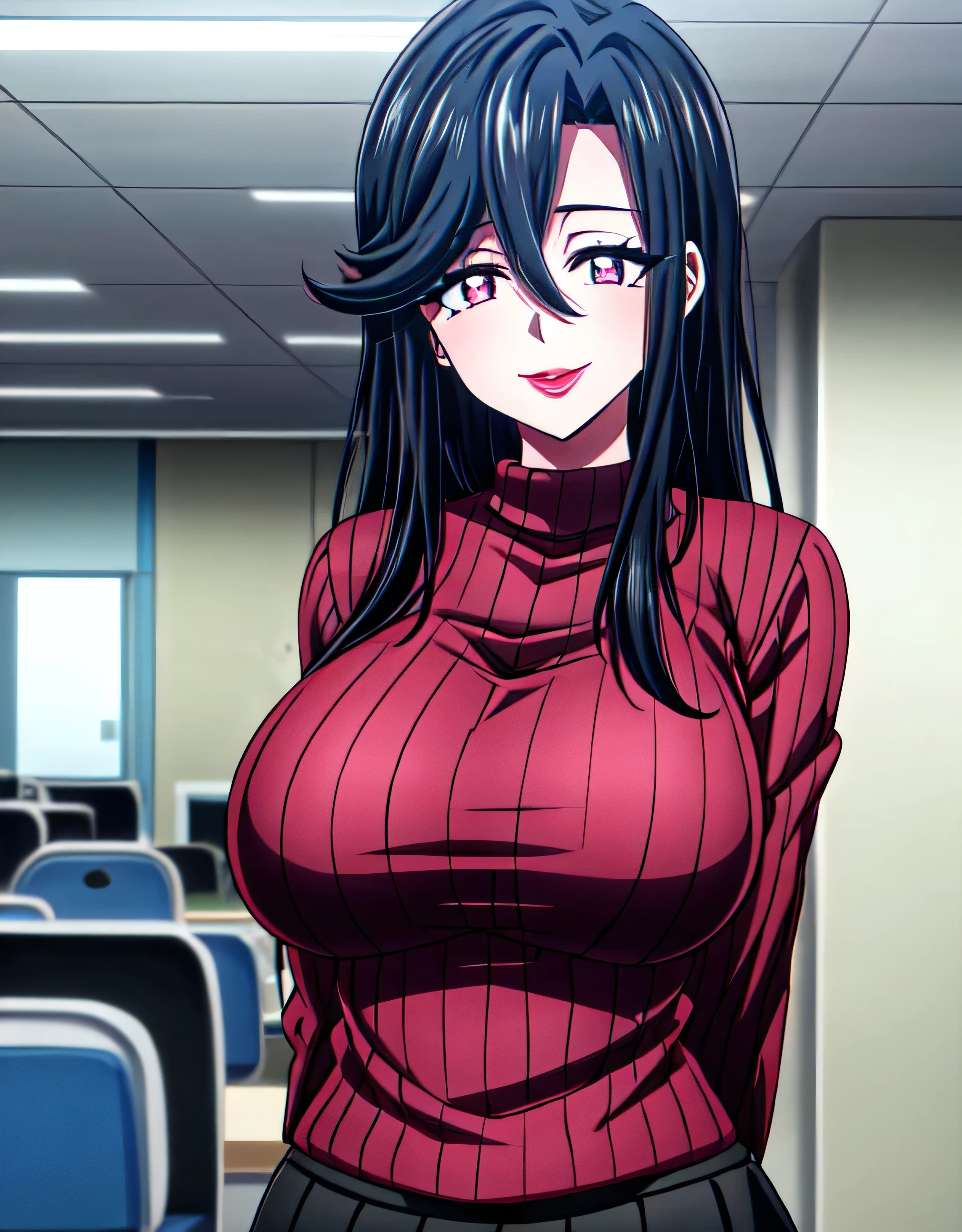 saori_ohtori,long hair,saori_ohtori,black hair,(pink eyes),sensitive smile,hair between eyes,lipstick,lips,(shiny red ribbed sweater:1.1),shiny black skirt,(large breasts:1.55),(shiny,hair),((solo)),((masterpiece)),((best quality)),perfect anatomy,slim waist,perfect image,8k UHD,(beautiful detailed eyes:1.5),extremely detailed face,standing,(upper body:1.25),(look at the front:1.5),arms behindback,ultra-detailed,absurdres,ultra-highres,officeroom,indoor,