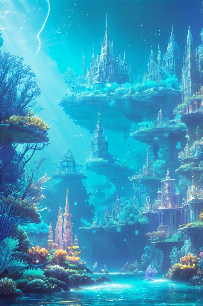 An ancient underwater city bathed in a soft, ethereal glow, surrounded by mythical sea creatures like luminous jellyfish and graceful merfolk. The city’s architecture features towering, coral-covered spires and bioluminescent flora. In the foreground, a group of deep-sea explorers in futuristic suits is amazed as they discover this hidden realm, their faces illuminated by the city’s gentle light. The scene is set in a deep, mysterious ocean with rays of sunlight piercing through the water, creating a magical, otherworldly atmosphere , (Best Quality, A high resolution, photorealistic), cinematic lighting, masterpiece, raw photo, intricate details, HdR ,  ( Surrounded by lots of colorful fish, Rich underwater vegetation),

