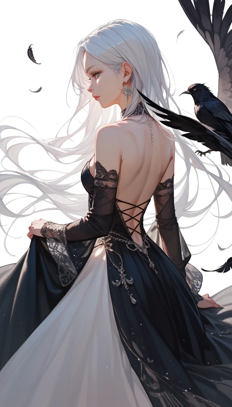 An 1 girl with long silver hair wearing a black long-sleeved dress. Black feathers on the back. Very beautiful. white background.