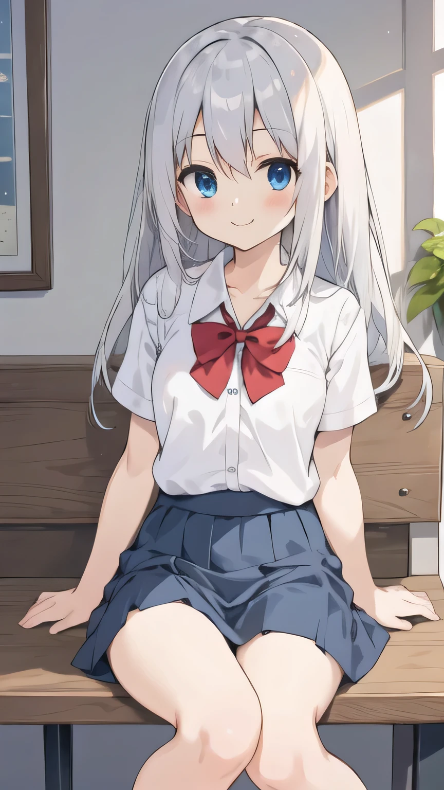 cute girl, アニメ, silver hair, straight hair, Blue eyes, (young:1.1), (small bust:0.6), (cute:1.3), (middle bust:0.9), cute, (cute:1.2), (sulk:0.6), Smail, (shy:1.0), cowboy shot, cute, side shot, (shy:1.0), dark blue skirt, standing, short sleeve, (spread leg:1.2), school room, (open leg:1.2), (smile:1.1), (open leg:1.1), (M-shaped legs:1.2), no pantie, (Sitting with legs crossed:1.2), (low angle:1.2)