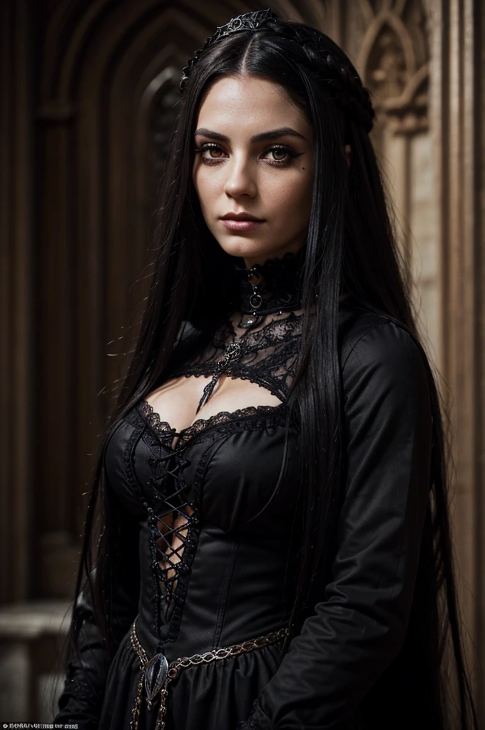 1 European gothic woman, pretty face, long straight hair, ultra detailed face and eyes, hyperrealistic, realistic representation, 30 years old, she is wearing black gothic clothing  dreadlocks 