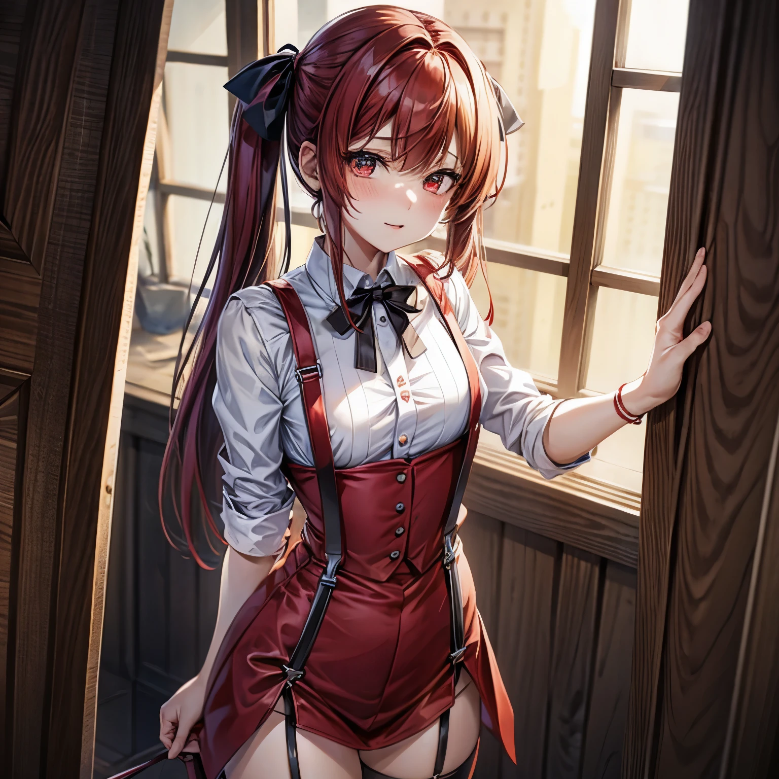 masterpiece, best quality, highres, 1girl, solo, red_eyes,garter straps, black fingerless gloves, torn thighhighs, red hair, hair ornament, multicolored hair, plaid skirt, streaked hair, cleavage, x hair ornament, black hair, red skirt, black collar, white camisole, medium breasts, miniskirt, pleated skirt, black thighhighs, braid, white shirt, black_belt, medium hair, city, night