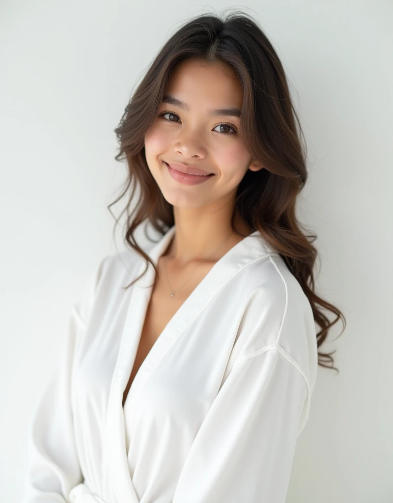 young woman, 2, dark brown hair, small chest, thin face, white wall, without decoration, in long white shirt, in front of white curtains, tanned, very tanned, smiling