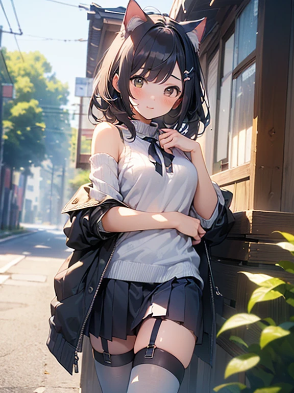 (((masterpiece, Highest quality, High resolution, 超High resolution, Pixel Perfect, Written boundary depth, 4K, RTTX10.0, Human Development Report)))、Cowboy Shot、Cat ear、Ribbon on chest、White sweater、（Off the shoulder）、black short pleated skirt、Thigh straps、Lace Knee High Socks、Ray Tracing