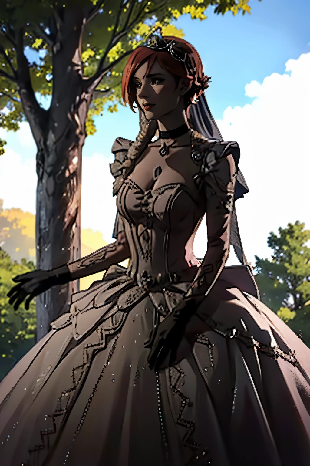 Lilith Borderlands, hair between eyes, ahoge, blonde hair, star \(symbol\), hair ornament, ruffled tulle dress, cleavage, bare shoulders, collarbone, long black elbow gloves, black gloves, black dress, black choker, strapless, tiara, veil, strapless dress, princess dress, veil, beautiful woman, perfect body, perfect breasts, wearing a princess dress, ball gown, in the park trees, wedding decorations, a warm smile, realism, masterpiece, textured skin, super detail, high detail, high quality, best quality, 1080p, 16k