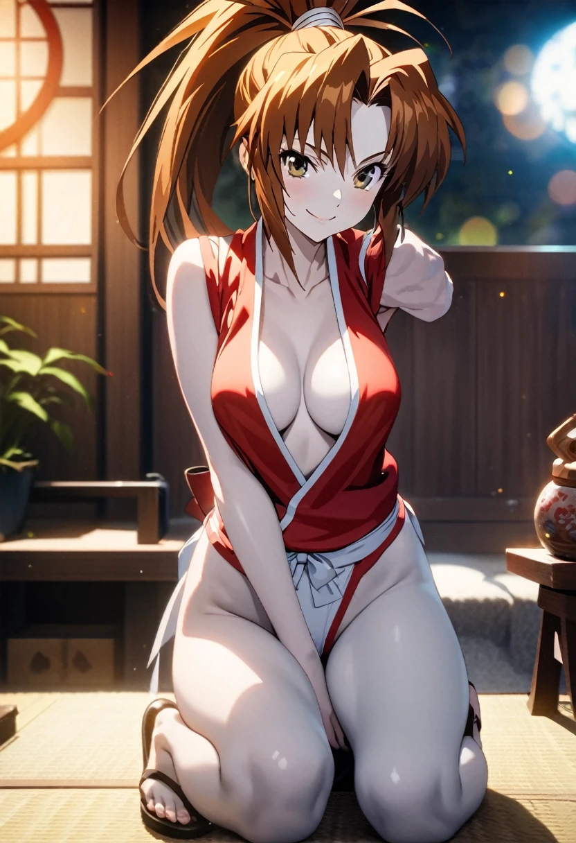 ((、Mai Shiranui,ponytail,Background is a Japanese-style room in a Japanese house:1.3)),, Looking at the audience,Slim and sexy figure, the best quality, (8k), (4K),(masterpiece), (the best quality), Extremely detailed, Game CG, Ultra Detailed, illustration, Beautiful Body,Beautiful nose,fair character design, Perfect Eye, Perfect Face , 1 girl, 30 years,Fair Finger,Fair body, Fair Nose,Fair character design, perfect Eye, perfect Face,expressive Eye,Perfect balance,(Light_Smile:0.3), official art,Extremely detailed CG Unity 8K wallpaper, Perfect lighting,rich and colourful, bright_front_Face_Lighting,White skin, (masterpiece:1.0),(the best_quality:1.0), Ultra-high resolution,4K,Ultra Detailed, photography, 8k, HDR, high resolution, Kodak Portrait 400, Film Grain, Blurred background, bokeh:1.2,Professional photographer, (Fair,Big goals_Chest:1.4), underwear,lace, underwear, lingerie、(((smile,pretty face:1.3))), full body
