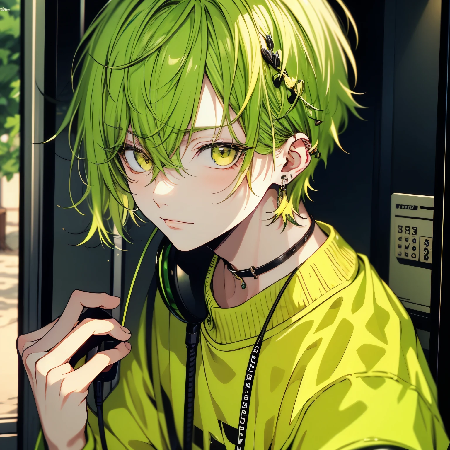 (masterpiece), Highest quality, Ultra-high resolution,male、1 person、Yellow green hair、Short Hair、Yellow-green eyes、Yellow green clothes、Public phone、Telephone booth、zoo、whole body