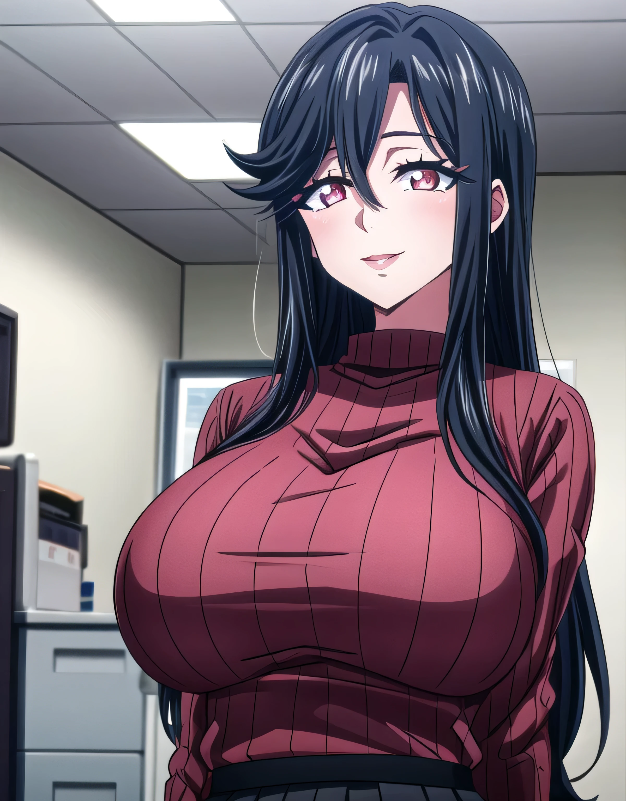 saori_ohtori,long hair,saori_ohtori,black hair,(pink eyes),sensitive smile,hair between eyes,lipstick,lips,(shiny red ribbed sweater:1.1),shiny black skirt,(large breasts:1.55),(shiny,hair),((solo)),((masterpiece)),((best quality)),perfect anatomy,slim waist,perfect image,8k UHD,(beautiful detailed eyes:1.5),extremely detailed face,standing,(upper body:1.25),(look at the front:1.5),arms behindback,ultra-detailed,absurdres,ultra-highres,officeroom,indoor,