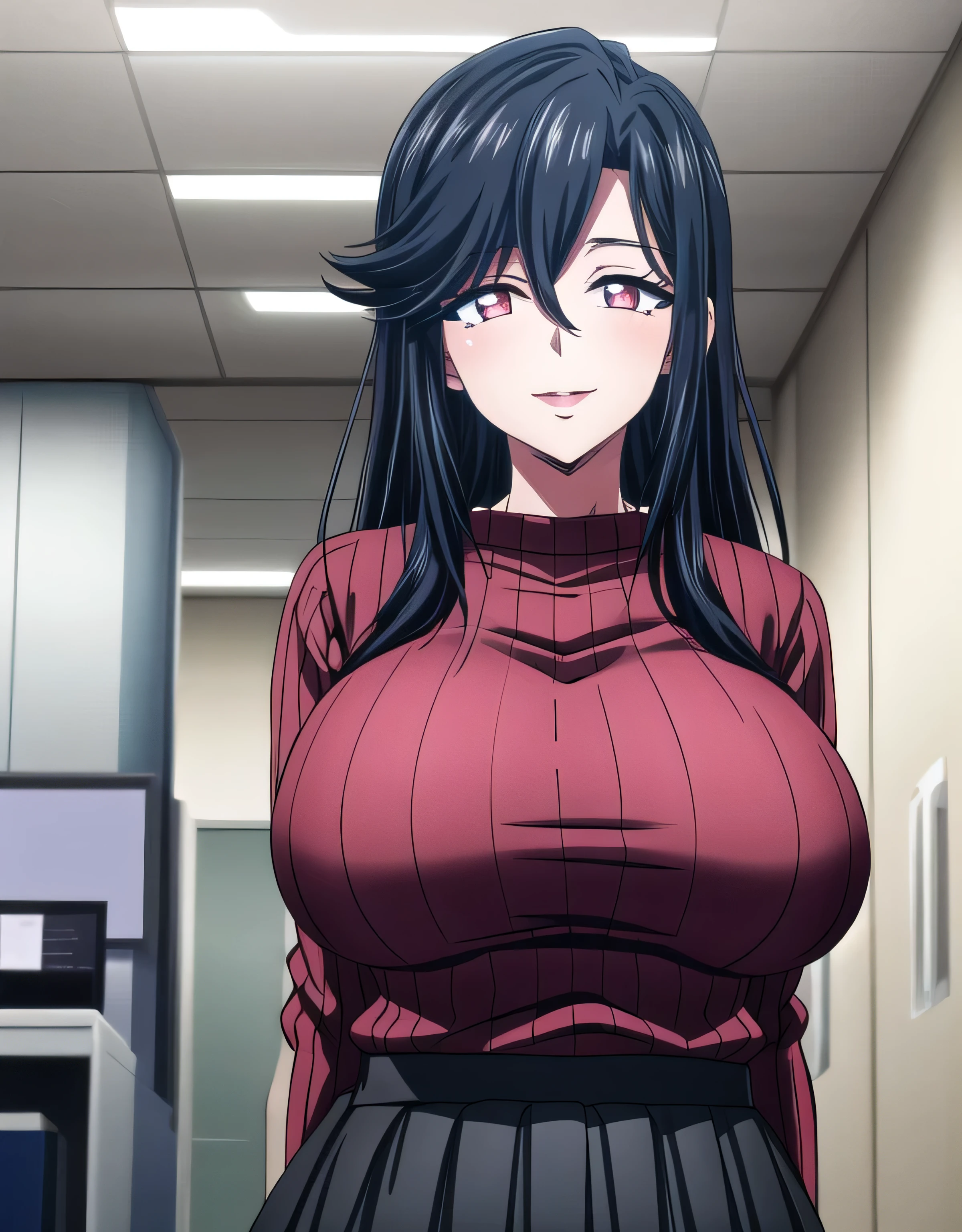 saori_ohtori,long hair,saori_ohtori,black hair,(pink eyes),sensitive smile,hair between eyes,lipstick,lips,(shiny red ribbed sweater:1.1),shiny black skirt,(large breasts:1.55),(shiny,hair),((solo)),((masterpiece)),((best quality)),perfect anatomy,slim waist,perfect image,8k UHD,(beautiful detailed eyes:1.5),extremely detailed face,standing,(upper body:1.25),(look at the front:1.5),arms behindback,ultra-detailed,absurdres,ultra-highres,officeroom,indoor,