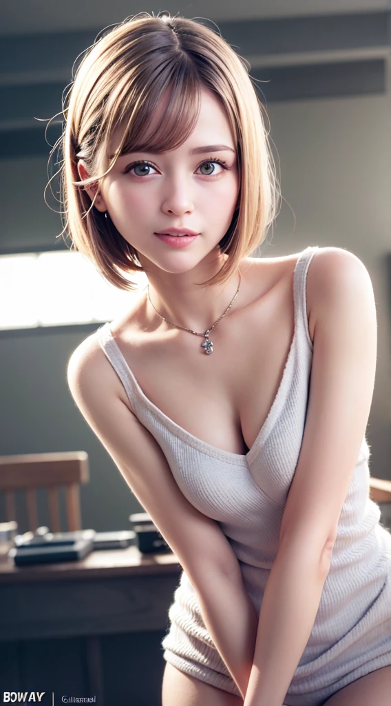 (8k, RAW Photos:1.2)Detailed face and eyes,最high quality, Ultra-high resolution, Very detailed ,Intricate details  ,pretty girl , Cinematic soft light, Hyper Detail,Sharp focus, high quality, Blonde, Bobcut, knit,clavicle,Beautiful breasts,Medium chest,Peeking,whole body