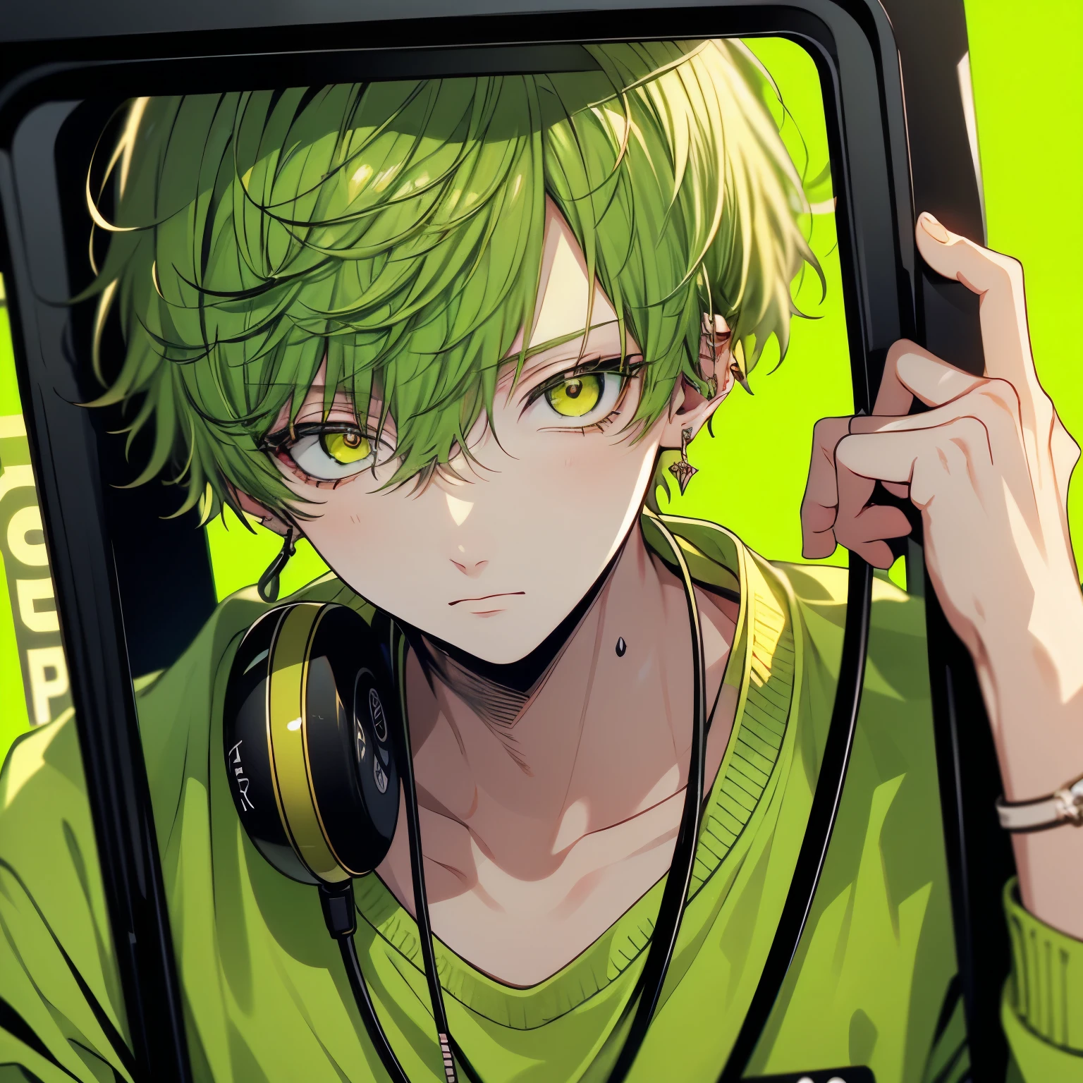 (masterpiece), Highest quality, Ultra-high resolution,male、1 person、Yellow green hair、Short Hair、Yellow-green eyes、Yellow green clothes、Public phone、（Telephone booth:1.5）、zoo、whole body