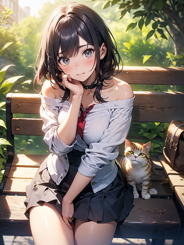 (((masterpiece, Highest quality, High resolution, 超High resolution, Pixel Perfect, Written boundary depth, 4K, RTTX10.0, Human Development Report)))、Cowboy Shot、（High angle）、Cat ear、Ribbon on chest、White sweater、（Off the shoulder）、black short pleated skirt、Thigh straps、Lace Knee High Socks、Park bench、Hands on thighs